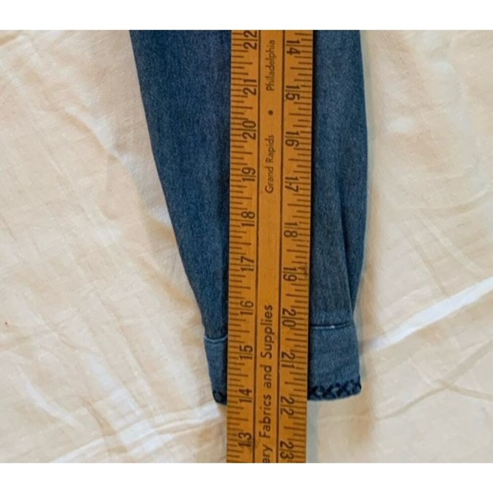 Vtg Koret Crochet Granny Square Blue Denim Button Up Shirt Size PS Boho Cottage - Picture 14 of 15